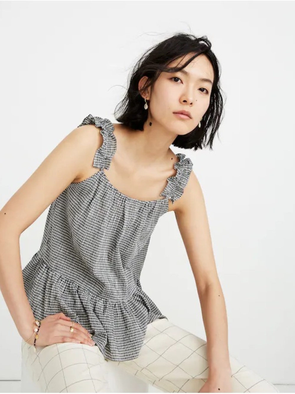 Madewell Gingham Ruffle-Strap Cami Top Peplum Tank Black White Size 2